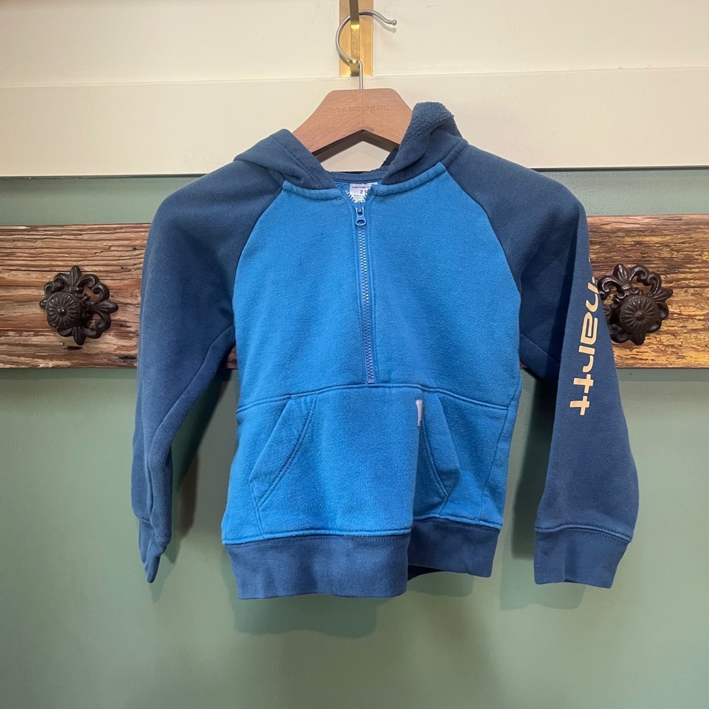 Carhartt Toddler Boys 2T Blue Colorblock Half Zip Fleece Hoodie Logo Sleeve